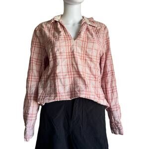 eche Mauve Pink Plaid Crinkle Cotton Long Sleeve Popover Ruffle Collar Top M